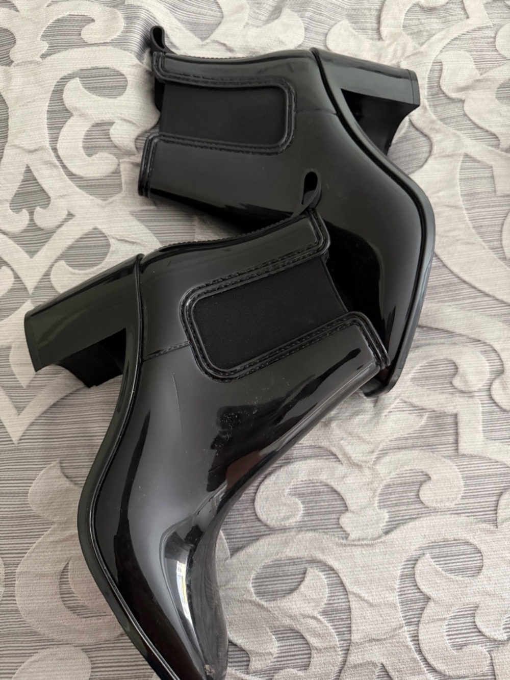 Women's Black Patent Chelsea Block Heel Rain Boots